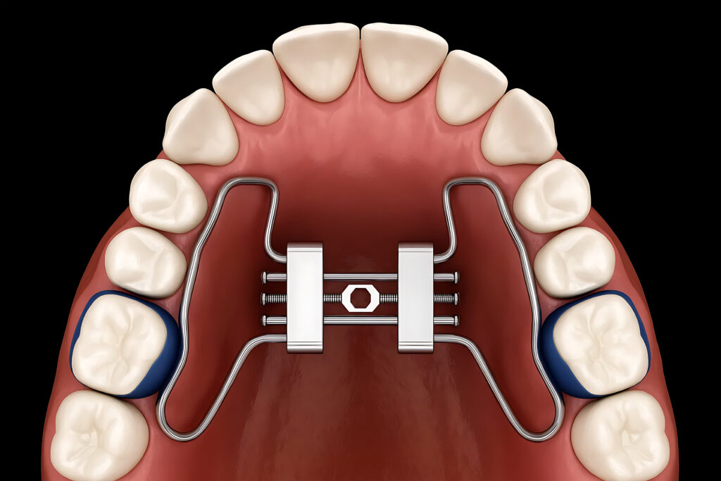 Dental palatal expander on a jaw model, orthodontic appliance.