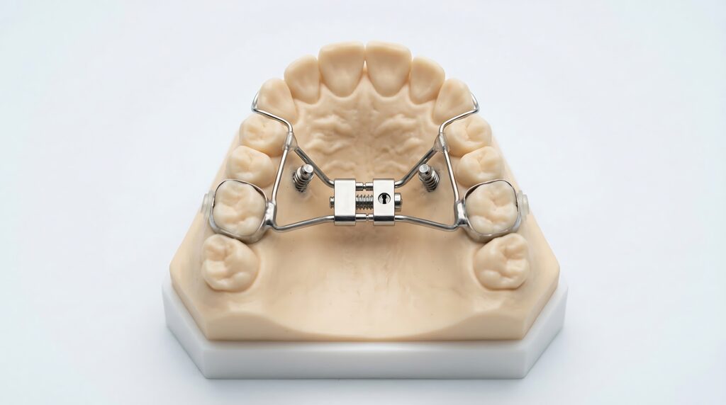 Dental palatal expander on a jaw model, orthodontic appliance.