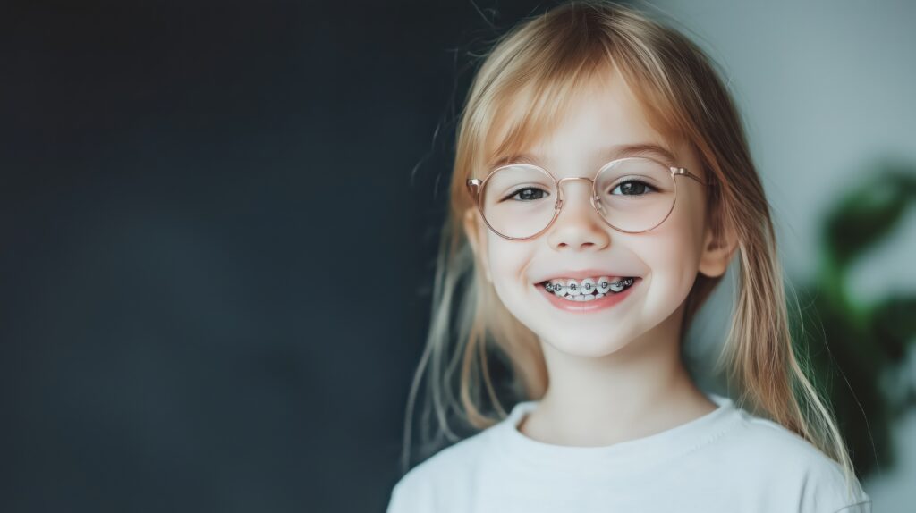 A joyful young girl with blonde hair, wearing glasses and dental braces, smiling brightly. A charming portrait showcasing early orthodontic care.